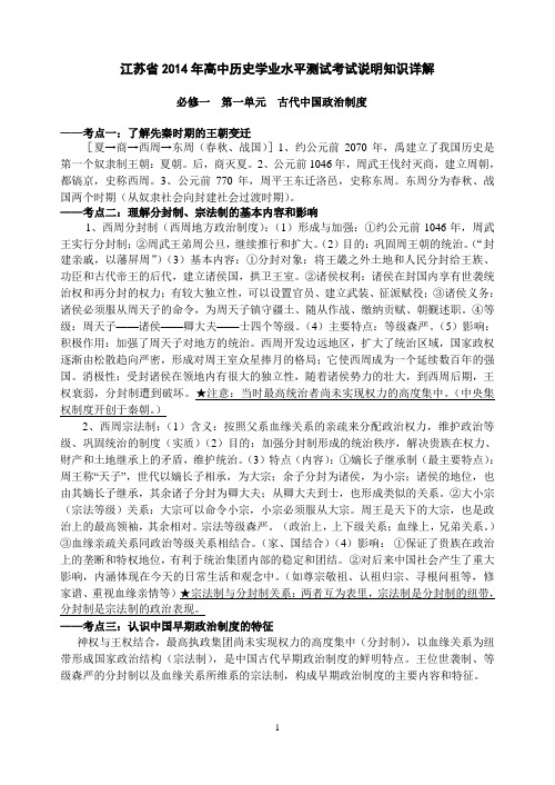 江苏省2014年高中历史学业水平测试考试说明知识详解(人教版)