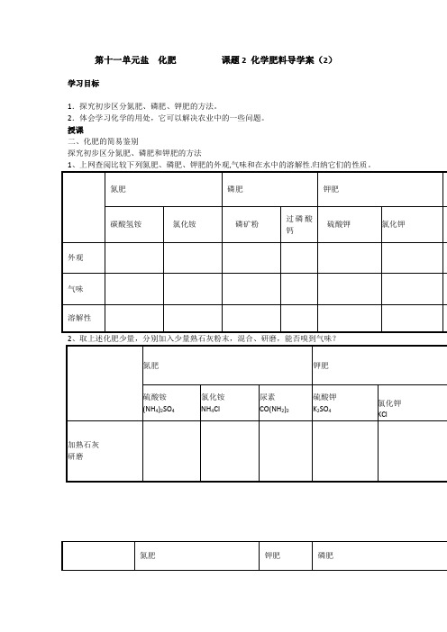 初三化学第十一单元 化学肥料导学案