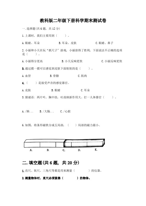 二年级下册科学期末测试卷附参考答案(黄金题型)