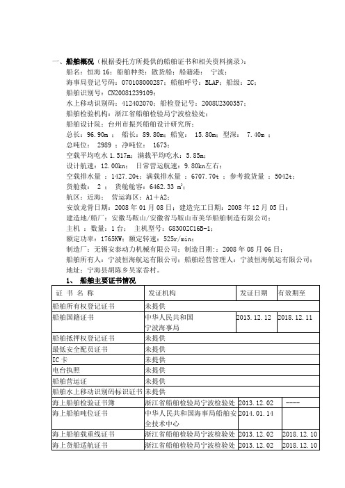 船舶概况根据委托方所提供的船舶证书和相关资料摘录