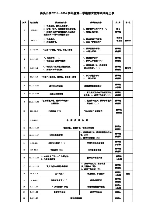 尧头小学 2015—2016学年度第一学期周历表