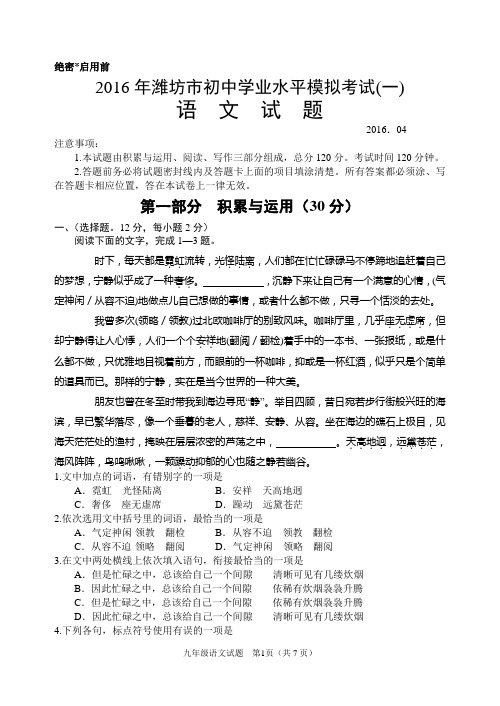 2016年山东省潍坊市奎文区中考一模九年级一模语文试题