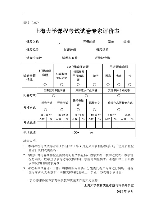 本上海大学课程考试试卷专家评价表