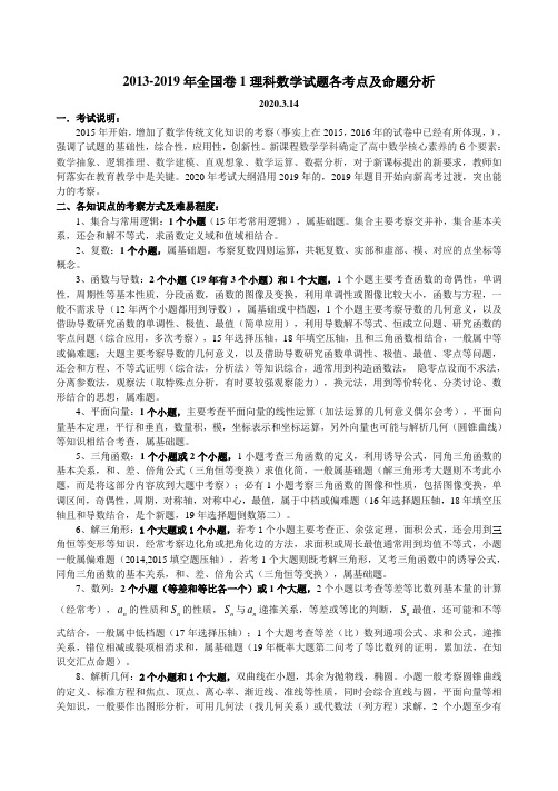 2013-2019年高考全国卷1理科数学试题各考点及命题分析