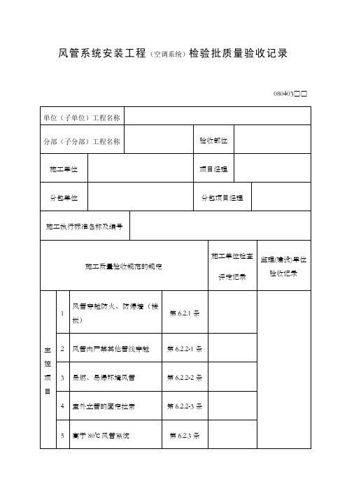 风管系统安装工程空调系统检验批质量验收记录表