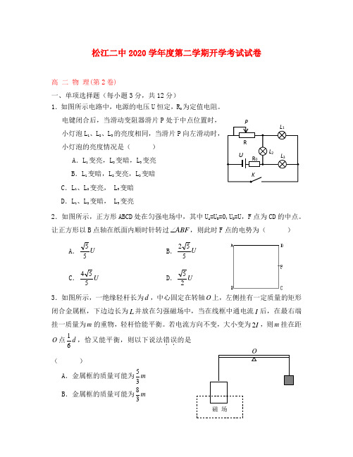 上海市松江二中2020学年高二物理下学期2月开学考试题2(无答案)沪科版