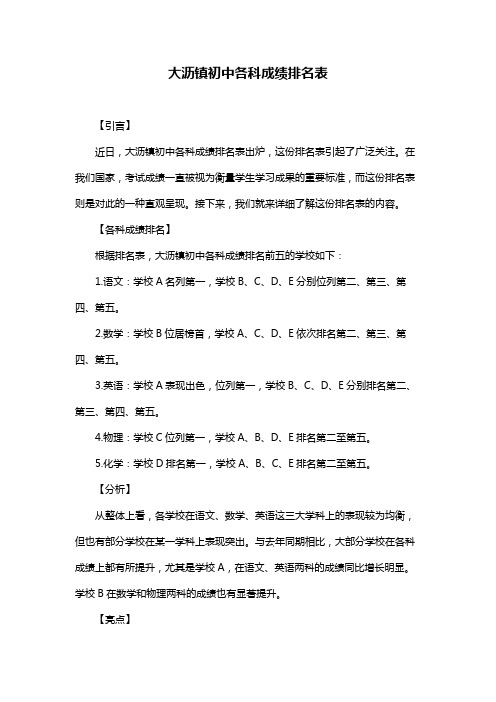 大沥镇初中各科成绩排名表