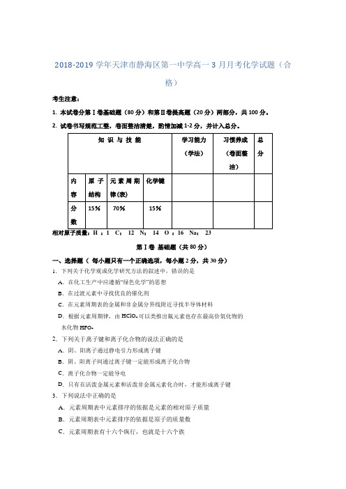 2018-2019学年天津市静海区第一中学高一3月月考化学试题(合格)word版含答案