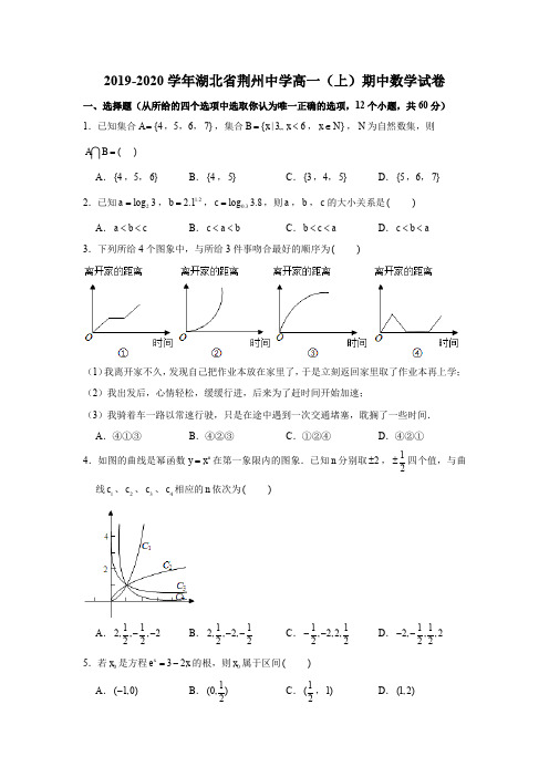 2019-2020学年湖北省荆州中学高一(上)期中数学试卷试题及答案(解析版)