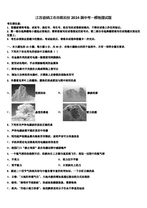 江苏省镇江市市级名校2024届中考一模物理试题含解析