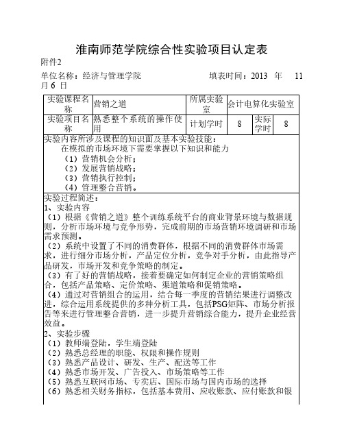 《营销之道》模拟综合性项目认定表