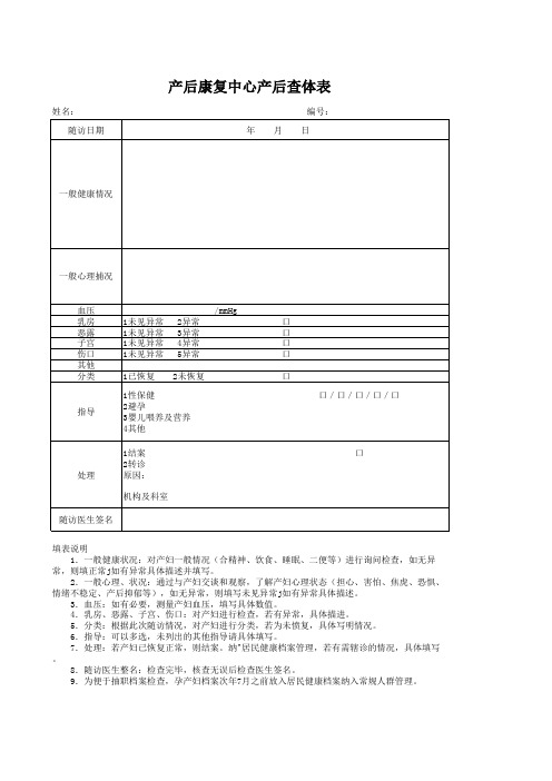 产后康复中心产后查体表