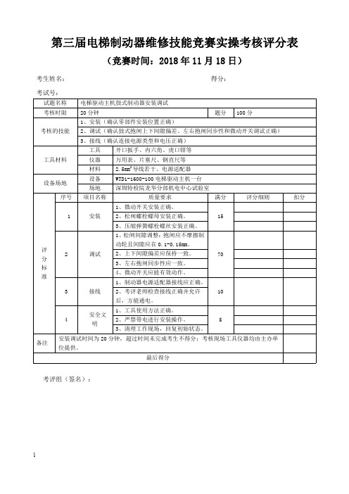 第三届电梯制动器维修技能竞赛实操考核评分表