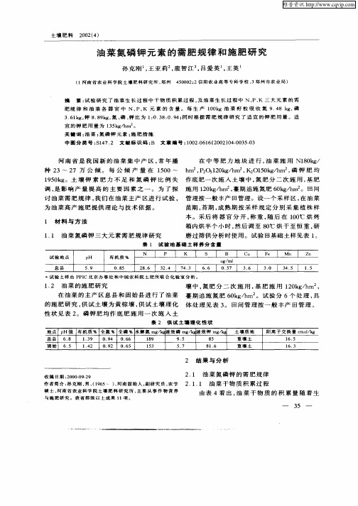 油菜氮磷钾元素的需肥规律和施肥研究