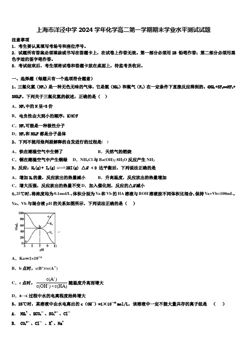 上海市洋泾中学2024学年化学高二第一学期期末学业水平测试试题含解析