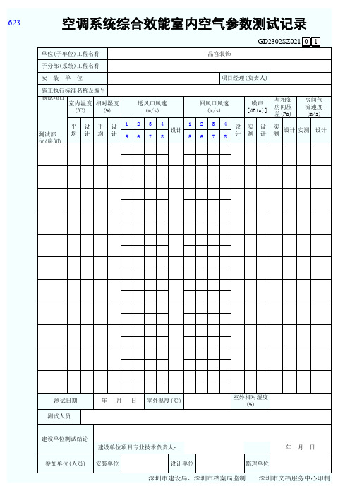 空调系统综合效能室内空气参数测试记录