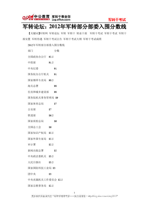 军转论坛：2012年军转部分部委入围分数线