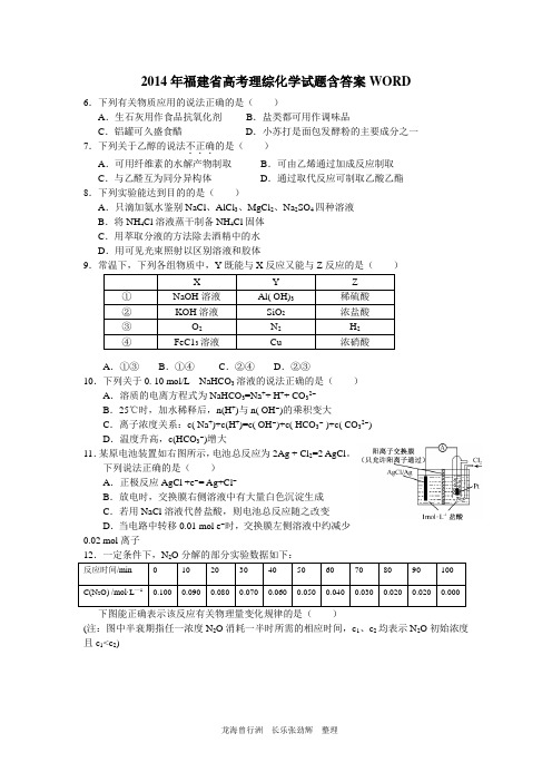 2014年福建省高考理综化学试题含答案WORD