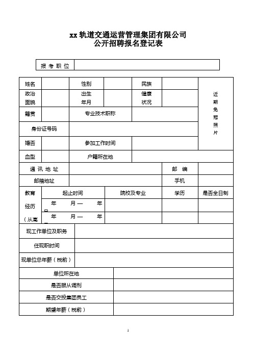 轨道交通运营管理集团有限公司公开招聘报名登记表