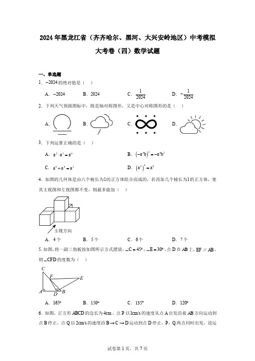 2024年黑龙江省(齐齐哈尔、黑河、大兴安岭地区)中考模拟大考卷(四)数学试题