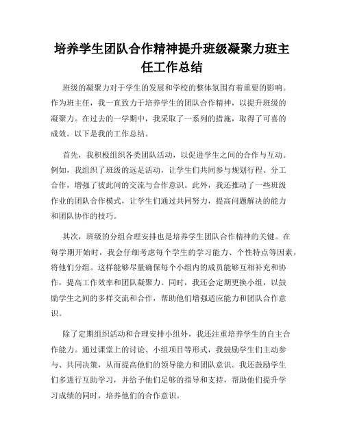 培养学生团队合作精神提升班级凝聚力班主任工作总结