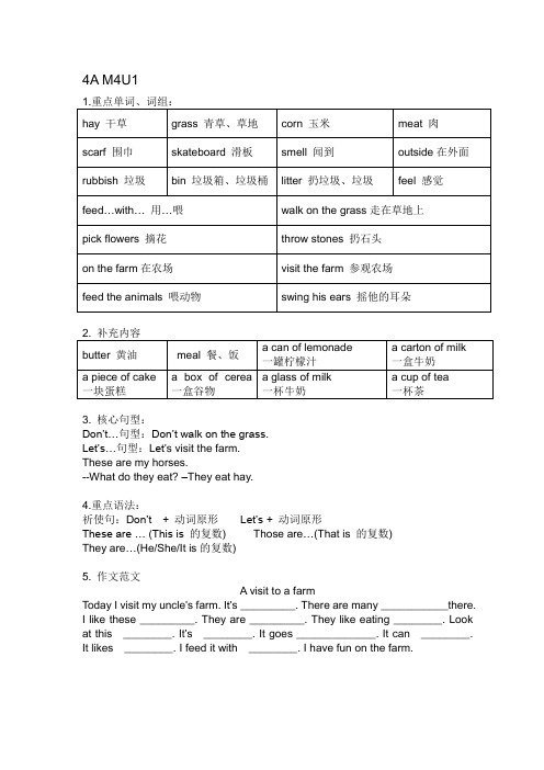 沪教版小学牛津英语四年级上学期M4U1归纳单