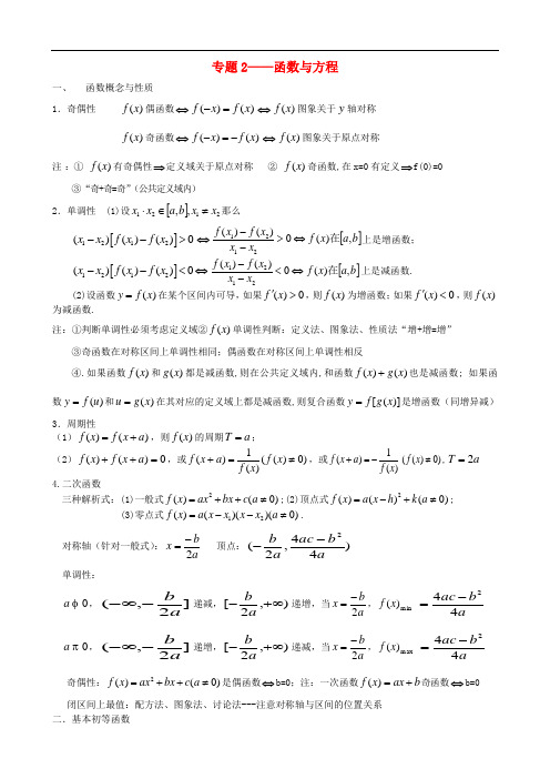 河北省高考数学专题复习 专题2 函数与方程 新人教A版