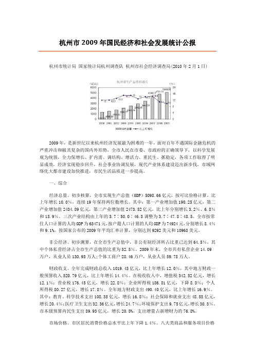 杭州市2009年国民经济和社会发展统计公报