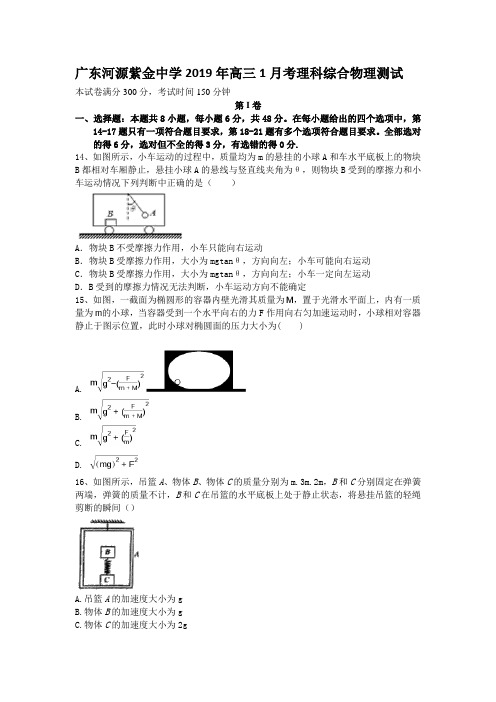 广东河源紫金中学2019届高三1月考理科综合物理测试