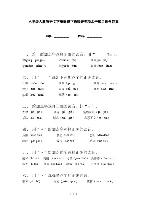 六年级人教版语文下册选择正确读音专项水平练习题含答案