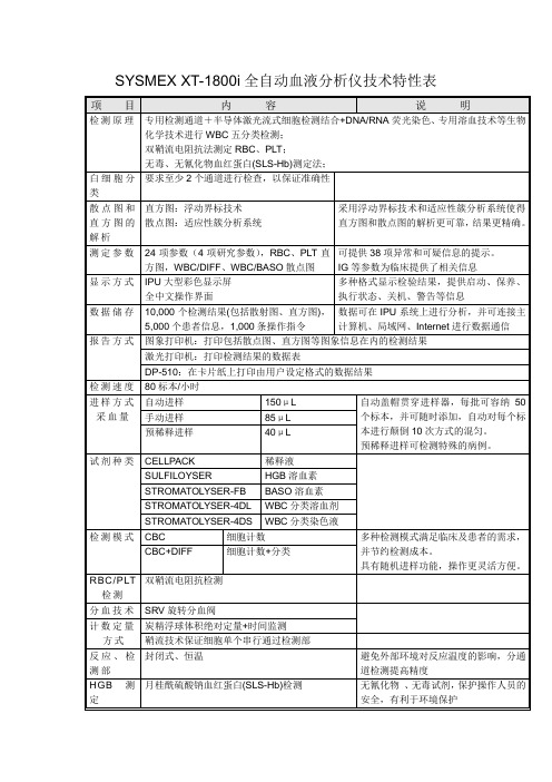 希森美康XT-1800无分类血球技术参数