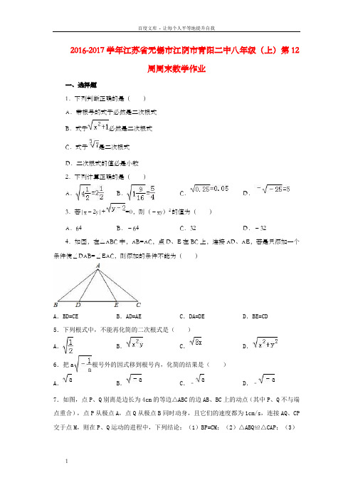 八年级数学上学期第12周周末作业含解析苏科版