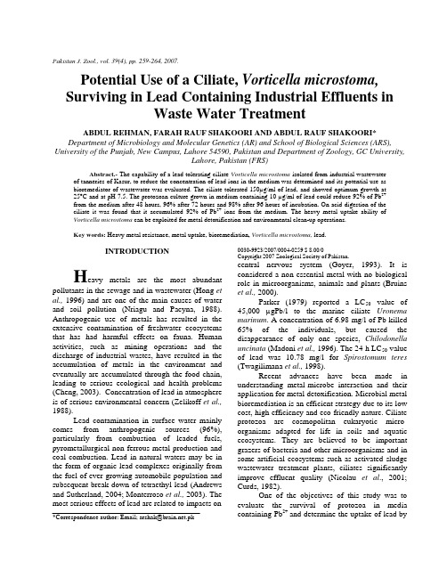 Potential use of a ciliate,vorticella microstoma,surviving in lead containing industrial effluents