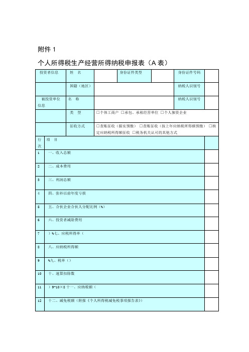 个人所得税生产经营所得纳税申报表A表