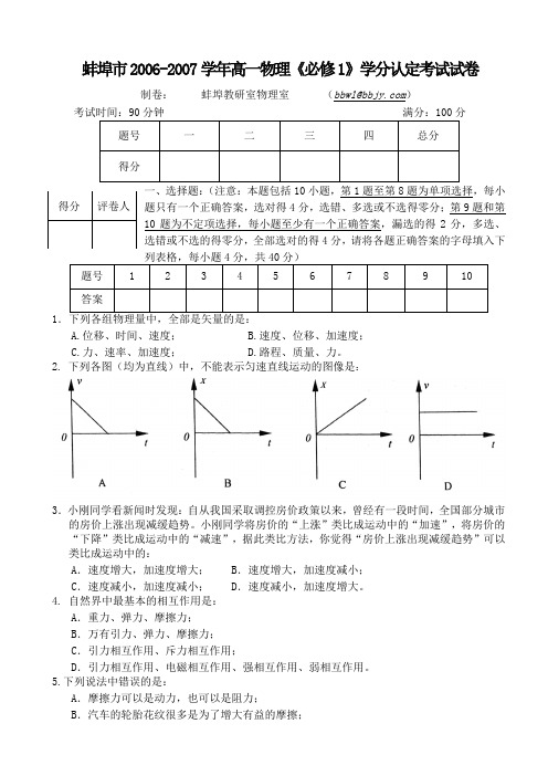 蚌埠市2006-2007学年第一学期高一物理期末试卷AqHwHU
