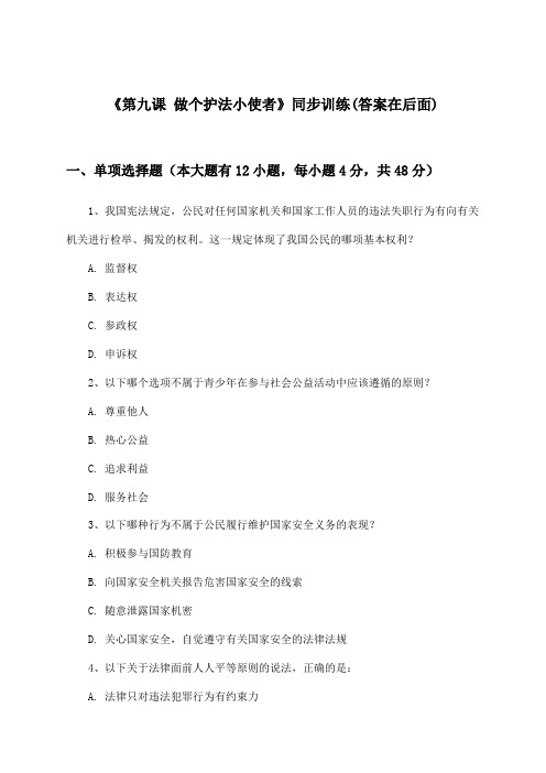 《第九课 做个护法小使者》(同步训练)初中道德与法治九年级全一册_陕教版_2024-2025学年