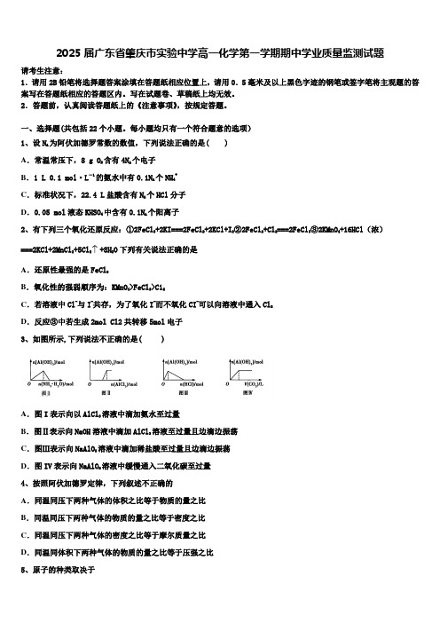 2025届广东省肇庆市实验中学高一化学第一学期期中学业质量监测试题含解析