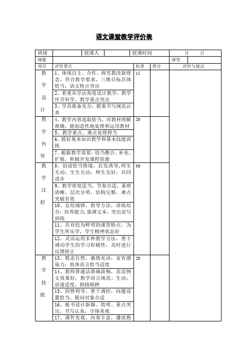 语文课堂教学评价表