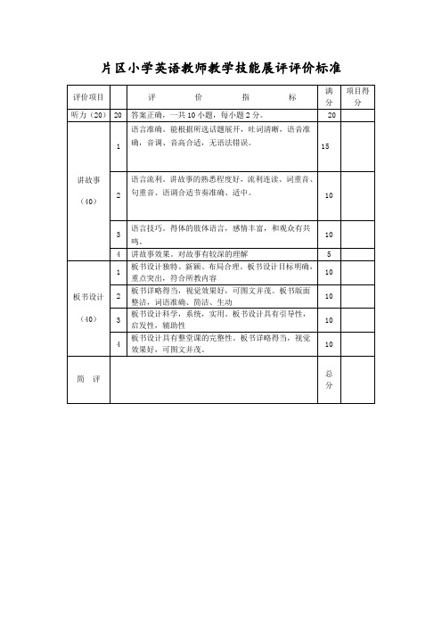 片区小学英语教师教学技能展评评价标准