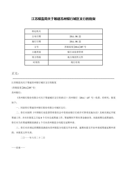 江苏银监局关于筹建苏州银行城区支行的批复-苏银监复[2011]297号