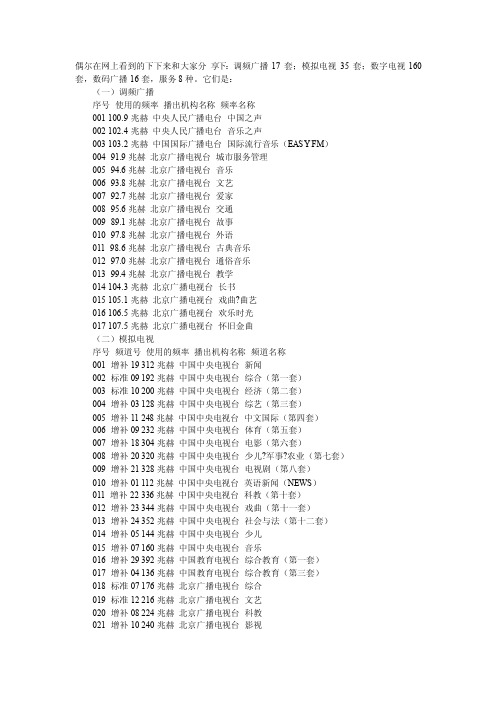 中国各电视台频率与频道对照表