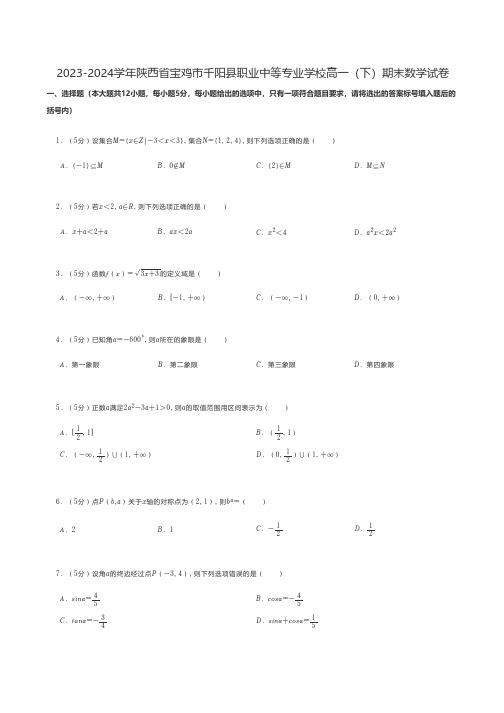 中职数学 2023-2024学年陕西省宝鸡市千阳县职业中等专业学校高一(下)期末数学试卷