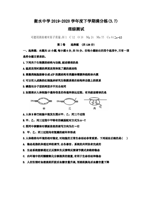 河北衡水中学2019～2020学年度下学期3月7日满分练理综测试试题及参考答案