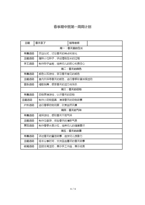 春季期中班第一周周计划