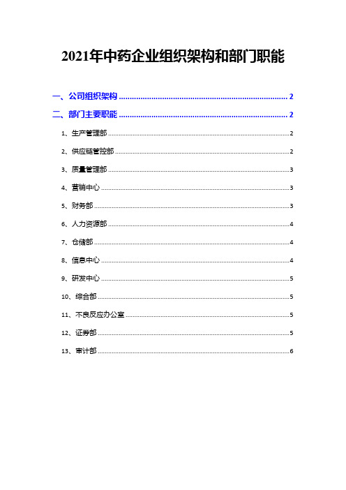 2021年中药企业组织架构和部门职能