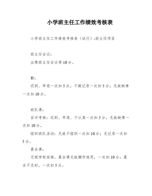 小学班主任工作绩效考核表