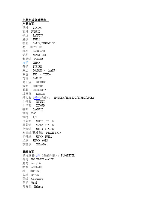 衣服面料成分对照表