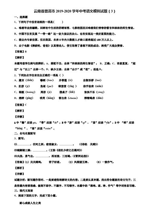 云南省普洱市2019-2020学年中考语文模拟试题(3)含解析