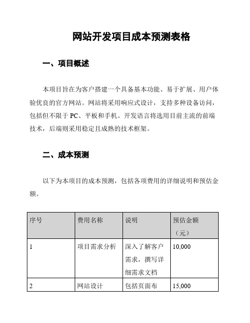 网站开发项目成本预测表格