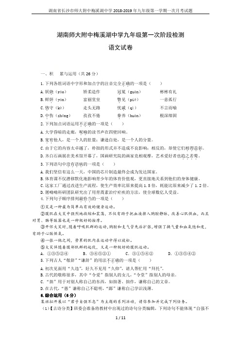 湖南省长沙市师大附中梅溪湖中学2018-2019年九年级第一学期一次月考试题